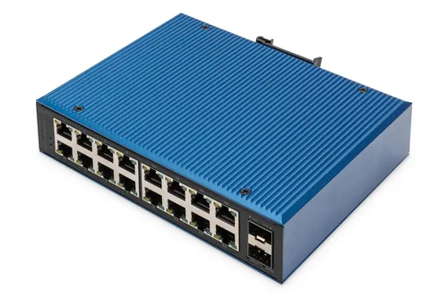 DIGITUS Netzwerk-Switch - 18-Port Gigabit Ethernet, 16x RJ45 + 2X SFP-Port, Unmanaged, hohe Übertragungsraten und zuverlässige Datenübertragung für industrielle Anwendungen
