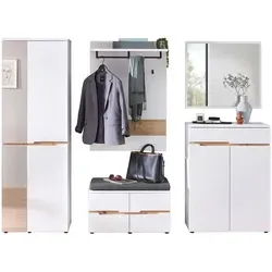 Voleo Garderobe Memphis, 7-teilig - Garderobe mit modernem Design in Weiß und Eiche Artisan, inklusive Spiegel und viel Stauraum für Kleidung und Schuhe, ideal für einen organisierten Eingangsbereich.