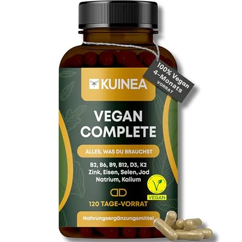 KUINEA® Vegan Complete – Multivitamin für Veganer - Vitamin B-Complex Präparate, hochdosierte 120 vegane Kapseln mit essentiellen Mikronährstoffen für optimale Gesundheit und Bioverfügbarkeit.