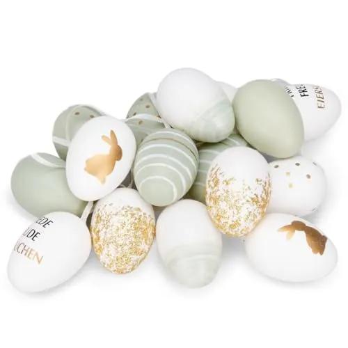NaDeco 16x Ostereier zum Aufhängen – Kunststoff-Ostereier mit Muster – Osterdeko für Innen & Außen – Hängedeko für Osterstrauch – FrühlingsdekoㅤMint-Weiß