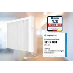 eVARMO Elektro-Heizkörper areo smart - Intelligente Flächenspeicherheizung mit digitalem Thermostat und LCD-Display, ideal für effiziente Beheizung von Innenräumen.