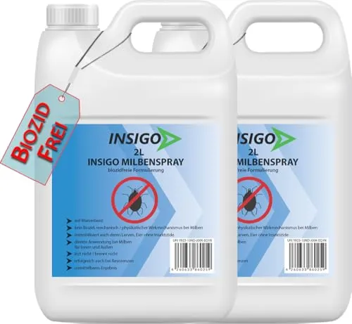 INSIGO Biozidfreie Milben Abwehr 4L – Effektives Milbenspray für Matratzen - Insekten- & Schädlingsbekämpfungssprays für den Innenbereich – Sofortige mechanische Wirkung gegen Hausstaubmilben, fleckenfrei und ideal für Wohnräume.