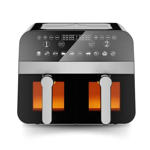 Comfy Nest CNAFD45WB 2400 W Heißluftfritteuse - Heißluftfritteuse mit 360° Fry Force-Technologie und 9-Liter-Sichtfenster für gesundes Kochen. Doppelte Körbe ermöglichen gleichzeitiges Garen und optimale Ergebnisse ohne Öl.