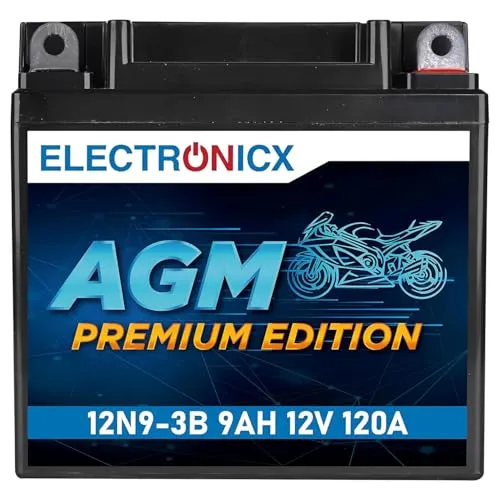 Electronicx, AGM, Motorradbatterie 12V 9Ah 120A CCA 12N9-3B – versiegelte, auslaufsichere, kompakte unf wartungsfreie Starterbatterie