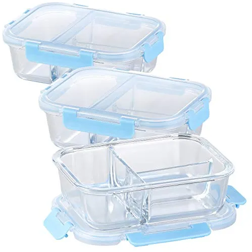 Rosenstein & Söhne Aufbewahrungsdose: 3er-Set Glas-Frischhaltedosen mit Klick-Deckeln & 3 Kammern, 1 l (Glasdose, Frischhaltedosen mit Trennwand, Kühlschrank)