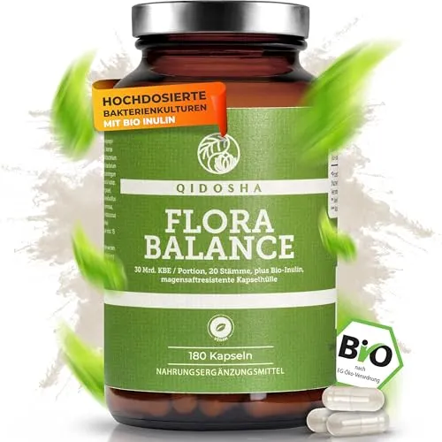 QIDOSHA® Premium Bakterien-Kulturen-Komplex - Probiotika mit 30 Mrd KBE täglich, 20 Bakterienstämme und Bio-Inulin in magensaftresistenten Kapseln - hergestellt in Deutschland und vegan für eine gesunde Darmflora.