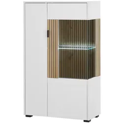 Furn.Design Vitrine 'Merced', Weiß & Eiche Dekor, 75x125 cm - Moderne Vitrine 'Merced' mit elegantem Design und praktischen Soft-Close-Türen. Ideal zur Präsentation Ihrer Lieblingsstücke in Wohnzimmer oder Esszimmer. Hochwertige Verarbeitung mit natürlichem Holzdekor.