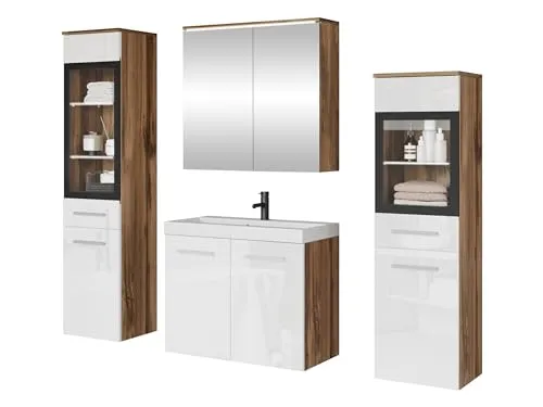 MIRJAN24 Badmöbel-Set Madrit II - Badezimmer-Set in Wotan Eiche/Weiß Hochglanz, inklusive Spiegel und Waschbecken mit eleganter weißer LED-Beleuchtung, ideal für stilvolle Badezimmergestaltung.