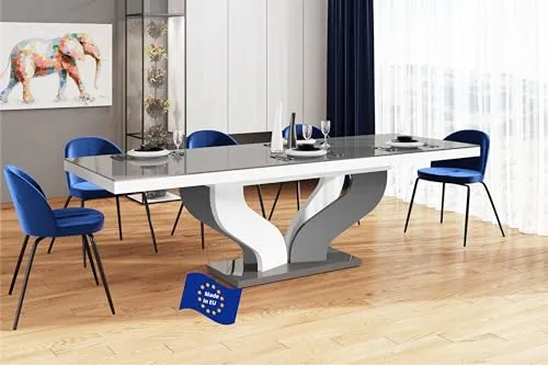 Design Esstisch HEB-222 Grau Hochglanz/Weiß Hochglanz - Esszimmertisch ausziehbar von 160 cm auf 256 cm, ideal für bis zu 10 Personen, robust und pflegeleicht – perfekt für moderne Wohnkonzepte.