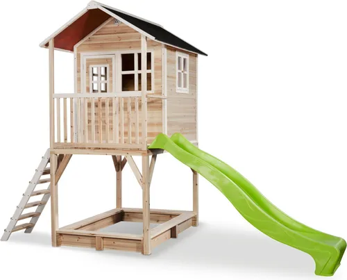 EXIT Loft 700 Holzspielhaus - naturel mit Rutsche - Gartenspielhaus auf hoher Plattform mit langer Rutsche, ideal für stundenlangen Spielspaß. Wetterbeständig mit wasserdichtem Bitumendach, sofort einsatzbereit für Kinder jeden Alters.