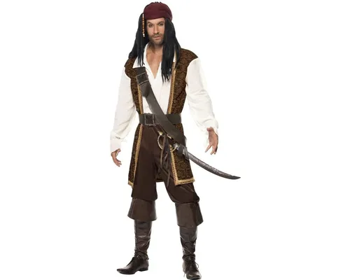 Smiffys Hochsee-Pirat Kostüm - Herren Kostüm für Karneval und Themenpartys, inklusive Oberteil, kurzer Hose, Bandelier und Kopftuch. Leichtes Material für hohen Tragekomfort und einfaches An- und Ausziehen.