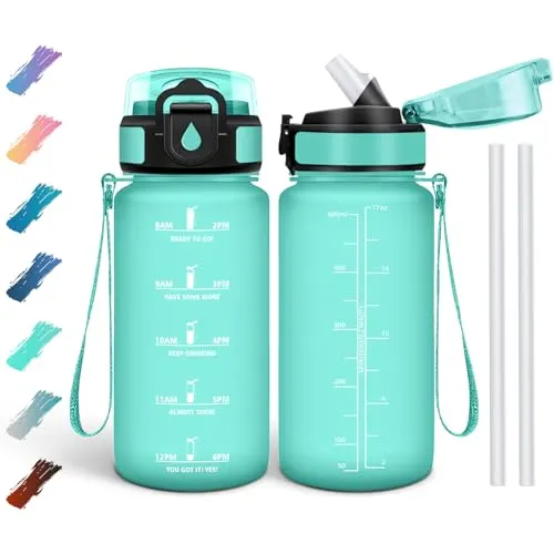 Motswedi Trinkflasche 500 ml, Auslaufsicher, Wasserflasche BPA-Frei, Motivierende mit Zeitmarkierung, Trinkflasche mit Strohhalm Türkis