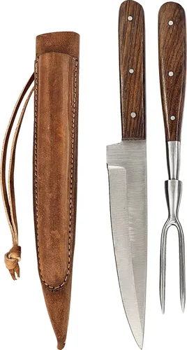 Mittelalter-Besteck Set mit Gabel in Doppellederscheide Holz - Campingausrüstung mit authentischem Design, inklusive hochwertigem Edelstahl-Messer und Gabel, ideal für Mittelalter-Reenactments oder Outdoor-Abenteuer.