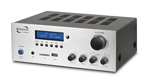 Dynavox Stereo Kompakt-Verstärker VT-80 MK - Bassverstärker mit 160 Watt Gesamtleistung, integrierter BT-Schnittstelle für kabelloses Streaming und stilvollem Design in Silber.