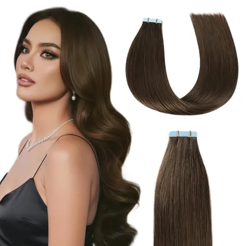 Sunya Tape Extensions Echthaar Schokoladenbraun Tape in Extensions Echthaar Haarverlängerungen Invisible Glatte Skin Weft Natürlich Klebstoff Tape in Hair Extensions 35cm 20 Stück 40g/Pack