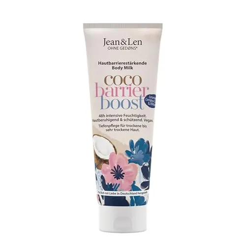 Produktbild Jean & Len Body Milk Ceramide Complex & Kokosöl, reichhaltige Textur, hautbarrierestärkende Pflegeformel, Kokos-Duft, Bodylotion für trockene bis sehr trockene Haut, ohne Parabene & Silikone, 250 ml