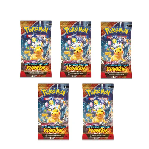 Pokemon Karmesin & Purpur Stürmische Funken - 5x Booster - TCG OVP Packs, ideal für Pokémon-Fans ab 6 Jahren, enthält 5 Booster der neuen Edition für spannende Sammlermomente.