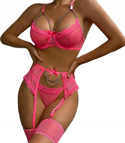 Schönes Damen Unterwäsche Set: BH, String, Träger, Ketten, Rosa L