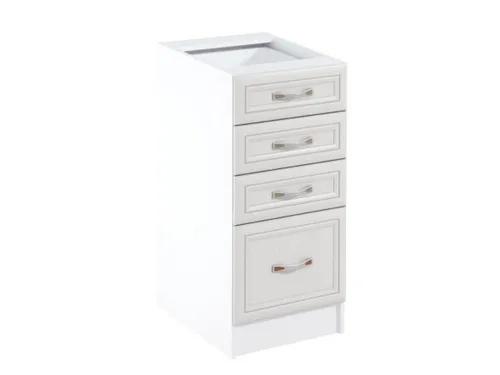 Küchenschubladenschrank mit 4 Auszügen – Moderner Standunterschrank - Moderner Küchenschrank mit 4 praktischen Schubladen. Ideal für die Aufbewahrung in Küche oder Esszimmer. Freistehend, aus robustem Holz, in elegantem Weiß. Maße: 40 x 47 x 82 cm.