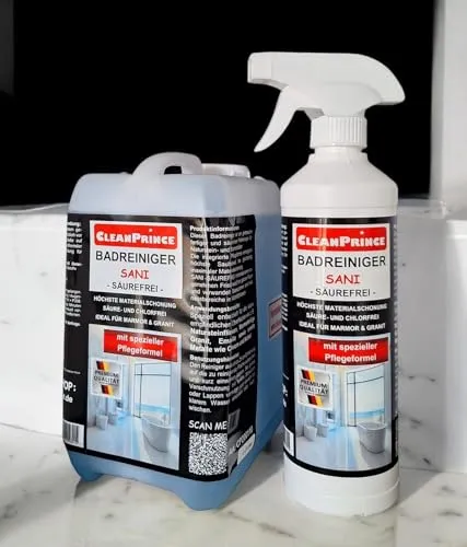 CleanPrince Badreiniger Sani säurefrei 2,5 Liter | Kanister und Nachfüllflasche - Säurefreier Badreiniger für höchste Materialschonung. Ideal für Fliesen, Marmor und Naturstein. Entfernt Seifenreste und Kalk mit einem angenehmen Frischeduft.