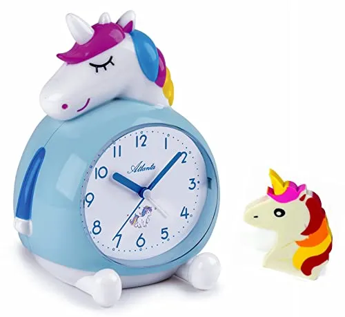 ATLANTA Kinderwecker ohne Ticken mit Musik und Einhorn Radiergummi - Kinderwecker ohne Ticken für einen ruhigen Schlaf, mit fröhlichem Alarm und einem süßen Einhorn-Radiergummi. Ideal für einen entspannten Start in den Tag!
