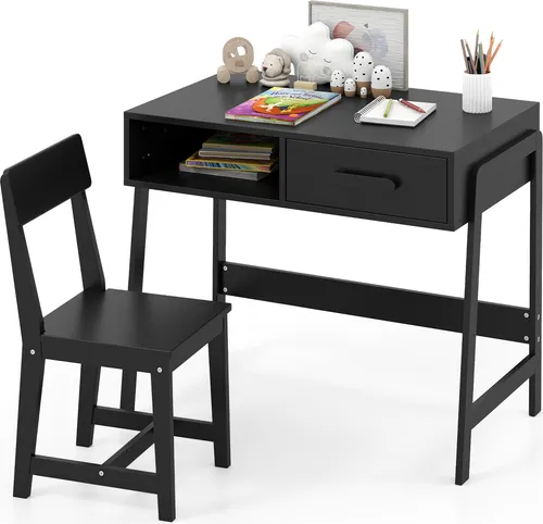 COSTWAY Kinder Schreibtisch Set mit Stuhl, Holz, schwarz - Gestalten Sie einen produktiven Lernbereich für Ihr Kind mit diesem stilvollen Schreibtischset. Mit großzügigem Stauraum und ergonomischem Stuhl bietet es Komfort und Ordnung für kreative und schulische Aktivitäten.