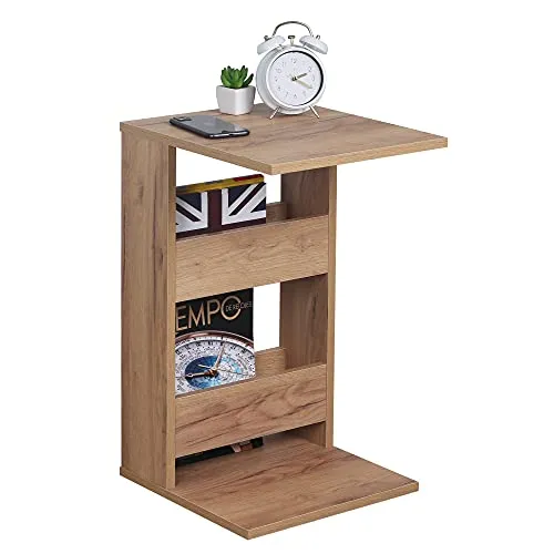 RICOO Beistelltisch Holz C-Form mit Stauraum - Beistelltisch fürs Wohnzimmer, ideal als Laptop Tisch mit praktischen Stauraum für Zeitschriften und Zeitungen, modernes Design und Bodenschutz durch Filzgleiter.