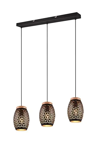 lightling 3-flammige Pendellampe Bill mit Holzakzenten, Höhe anpassbar, Deckenmontage, IP20 Indoor, exkl. 3 x E27 max. 28W, Ø 15 cm, Höhe 150 cm, Breite 71 cm, Metall, schwarz-gold