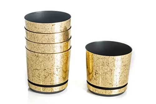 Set von 5 Blumentöpfen mit Untersetzer von 14 cm Durchmesser, Design 012 - Altgold; Glamour; modern, hoher Glanz, klassischer Stil, rustikal, Loft, für Pflanzen, Kräuter, Blumen Kompositionen.