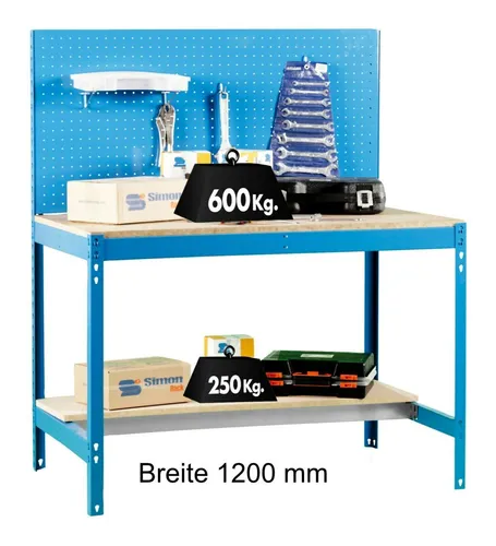 Robuste Werkbank Arbeitstisch mit Lochwand und Boden, 850 kg Tragkraft - Werkbänke mit 121 cm Breite, stabiler MDF-Arbeitsfläche und 600 kg Tragkraft, ideal für Werkstätten und Hobbyräume.