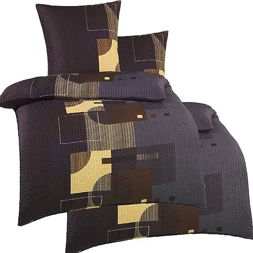 KH-Haushaltshandel 4-TLG. Seersucker Bettwäsche - Bettwäsche-Set mit 2x Bettbezug 135x200 und 2x Kopfkissenbezug 80x80cm, bügelfrei und pflegeleicht aus hochwertiger Microfaser in modernem grau-schwarz-beige Dessin.