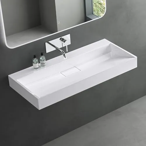 Mai & Mai Waschbecken Weiß – Rechteckiges Aufsatzwaschbecken 100cm - Elegantes Waschbecken aus hochwertigem Mineralguss, inkl. Ablaufgarnitur. Perfekt für modernes Badezimmerdesign, mit einfacher Reinigung und geruchsreduzierender Abdeckung.