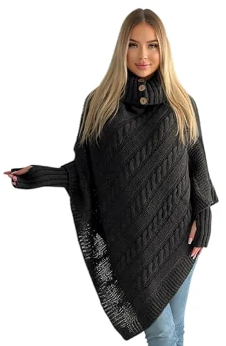 Mississhop Poncho Cape Strick Sweatshirt Pullover 3012 Graphit - Strick Ponchos & Capes für Damen, eleganter Grobstrick Poncho mit abnehmbaren Stulpen und Zopfmuster, ideal für kühle Tage und vielseitig kombinierbar.