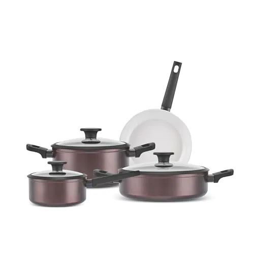 Karaca Ceramica Iconic Bronze, 7-teiliges Topf und Pfannenset, Antihaft Induktions Kochgeschirr Set, Langlebig, Spülmaschinenfeste Keramik Töpfe & Pfannen