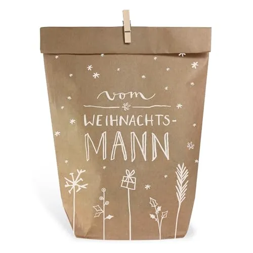 Eine der Guten Weihnachtstüten Geschenktüten Set - vom Weihnachtsmann, mit 24 gestempelten Kraftpapiertüten & Mini-Holzklämmerchen, Geschenkverpackung für Weihnachtsgeschenke, 16,5 x 26 cm