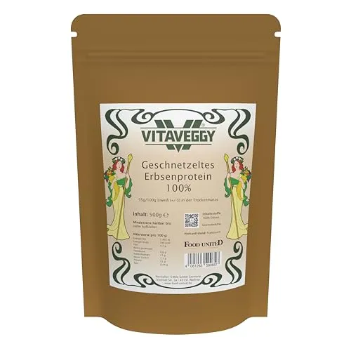 VITAVEGGY Erbsenprotein Erbsen-Schnetzel 500g | texturiertes und grob geschnetzeltes Erbsen-Hack-Fleisch | Fleischersatz von Food-United | für veganes Braten Kochen | Wok Pfanne | Eintopf
