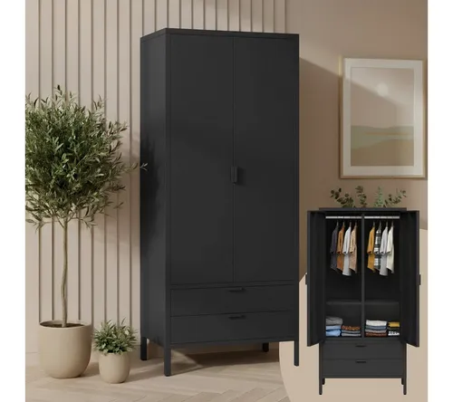 skølm Kleiderschrank Ituri aus Metall (Schwarz) mit 6 Fächern - Robuster Kleiderschrank »Ituri« von skølm – ideal für modernes Industriedesign. Mit 4 höhenverstellbaren Einlegeböden, 2 Kleiderstangen und 2 Schubladen bietet er viel Stauraum bei kompakten Maßen von 170x80x45 cm.