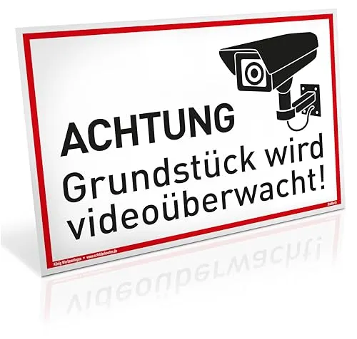 Schild Achtung Grundstück wird videoüberwacht! | Alu 30 x 20 cm | stabiles Alu Schild mit UV-Schutz | weiß | Videoüberwachung Kameraüberwachung Kameraüberwacht | Dreifke®