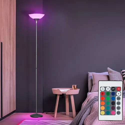 RGB LED Decken-Fluter Stehlampe mit Fernbedienung - Stehleuchte aus titanfarbigem Metall, ideal für Wohn-, Schlaf- oder Büroräume. Inklusive energiesparendem RGB LED Leuchtmittel mit 15 Farben und Fernbedienung für flexibles Lichtdesign.