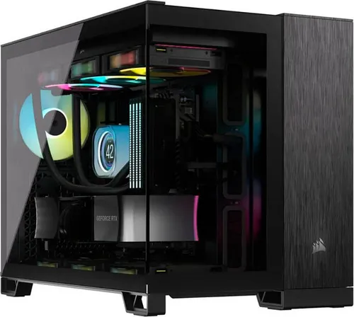 CORSAIR 2500X Small-Tower PC-Gehäuse – Elegantes Design mit Gehärtetem Glas - PC-Gehäuse mit herausragendem Luftstrom und zwei Kammern für effektive Kühlung und saubere Kabelführung – ideal für SFF-PCs und kompatibel mit rückseitigen Mainboards.