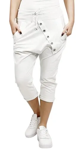 Mississhop 168 Damen Capri Hose Haremshose Ballonhose Pluderhose Pumphose Aladinhose Sommerhose Baggy Pants 3/4 mit Gummibund Weiß