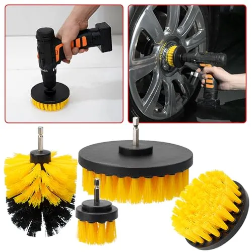 Casativo 4er Reinigungsbürsten-Set für Akkuschrauber & Bohrmaschine, gelb/schwarz, Drill Brush Reinigungskit ideal für Küche, Bad, Felgen, Auto