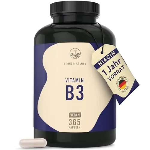 Vitamin B3 Kapseln - Hochdosiertes Nicotinamid für 365 Tage - TRUE NATURE® - Nahrungsergänzungsmittel mit 500mg reinem Nicotinamid pro Kapsel, unterstützt den Energiestoffwechsel und die Hautgesundheit, 100% vegan und ohne künstliche Zusatzstoffe.