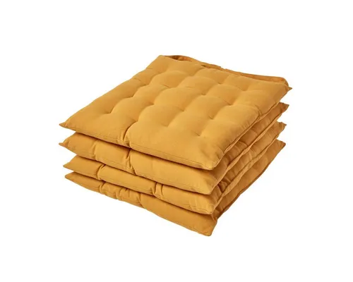 Homescapes Stuhlkissen 4er Set senfgelb, 40 x 40 cm - Stuhlkissen (40 x 40 cm) in trendigem Senfgelb mit Bändern und Knopfverschluss für perfekten Sitzkomfort. Ideal für Küche und Esszimmer, waschbar und strapazierfähig.