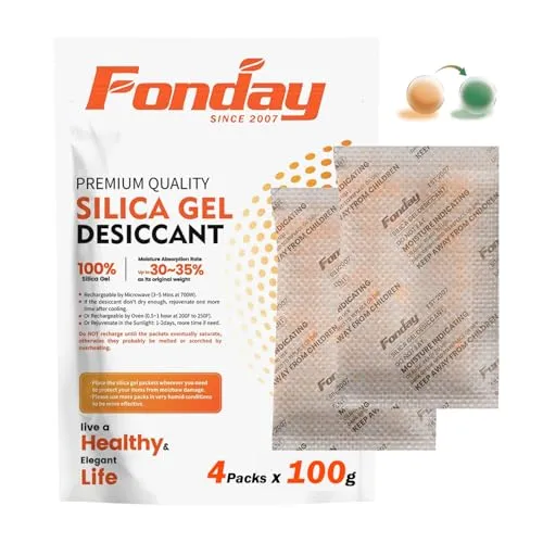 100Gram x 4Packet Fonday Rechargeable Silica Gel Desiccant Packets Food Grade Fast Reactivate Moisture Indicating Orange to Green