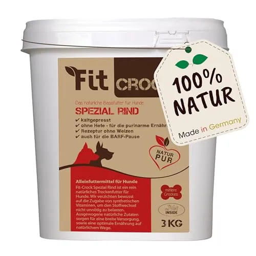 cdVet Fit-Crock Hundefutter trocken Spezial Rind Mini 3 kg - Purinarm & Getreidefrei - Glutenfreies Trockenfutter für Hunde, ideal für empfindliche Verdauung. Mit Kartoffeln und Hafer für ausgewogene Energieversorgung und wichtige Mikronährstoffe für ein glückliches Hundeleben.