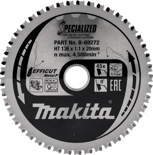 Makita EFFICUT Sägeblätter für Metall 136 x 20 mm - 45 Zähne - Handkreissägen: Neu entwickeltes Zahndesign für akkubetriebene Sägen, schont Akku und Motor, für reibungslose Schnitte und lange Akkulaufzeit.