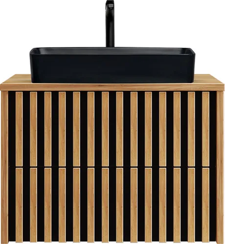 Badezimmer Waschtisch LUCCA-107 mit Lamellenfront und Aufsatzwaschbecken schwarz