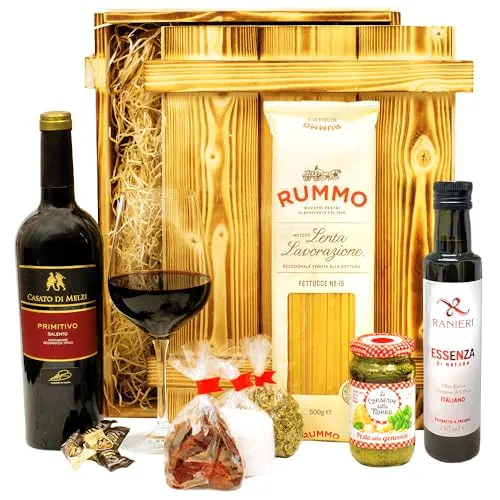 Geschenkbox-24 Italienisches Geschenkset „Verona“ - Feinkost Geschenkset mit Rotwein und italienischen Spezialitäten, ideal für Feinschmecker und Weinliebhaber. Perfekt als Geschenkidee zur Hochzeit oder für besondere Anlässe.