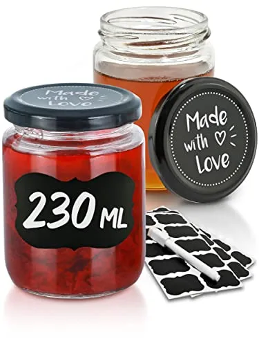Praknu Einmachglas Marmeladenglas 230 ml - 25er Set mit Deckel und Etiketten - 25 luftdichte Einmachgläser 230 ml mit schwarzen Deckeln und Etiketten - Ideal für Marmelade, Gelee und zum Verschenken - Spülmaschinenfest für einfache Reinigung.